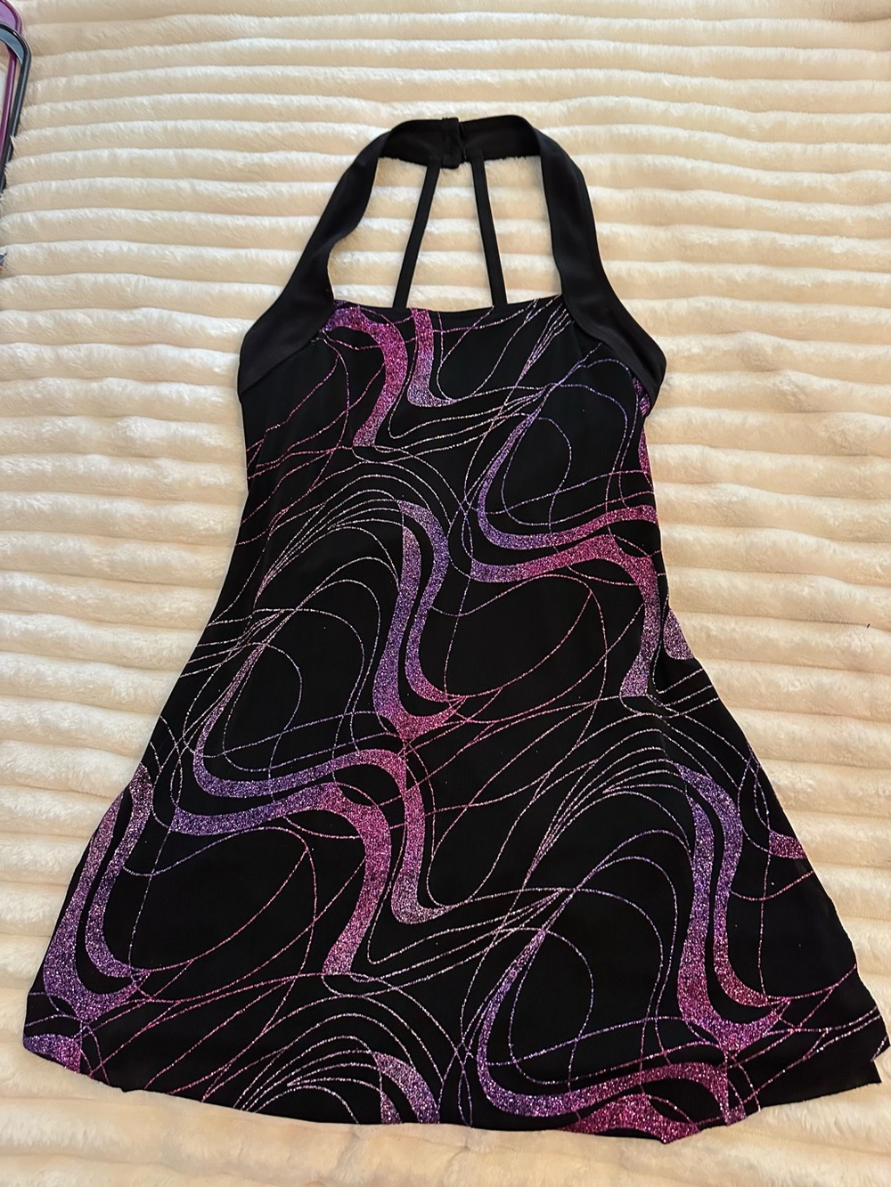 Adult small figure skating/ dance dress Black with Pink & Purple Glitter Swirls